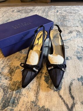 Like new Stuart Weitzman Black Satin Pointed Slingback Pumps with Crystal Bow